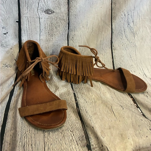 Mia Nenita Fringed‎ Sandals Boho Festival Hippie Sz 8.5M Brown Suede Leather GUC - Picture 1 of 9